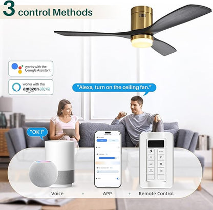 CACI Mall Smart 52 inch Wood Flush Mount Ceiling Fans with Lights and Remote, 3 Blades, Low Profile, Modern, Compatible with Alexa/Google/App, Outdoor Indoor Ceiling Fans for Bedroom/Farmhouse/Patio