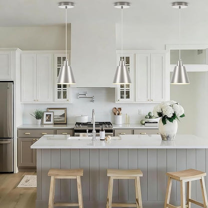 Industrial Pendant Lights, Brushed Nickel Pendant Light Fixtures, Vintage Kitchen Island Lights with Metal Shade, Farmhouse Pendant Lights for Dinning Table Bedroom Bar - Nickel, 3 Packs