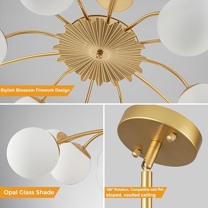 Longree 12-Light Gold and White Sputnik Chandeliers with Blossom Accent Opal Glass Bubble Pendant Light Fixture Mid Century Milk Glass Starburst Lighting for Dining Hallway Living
