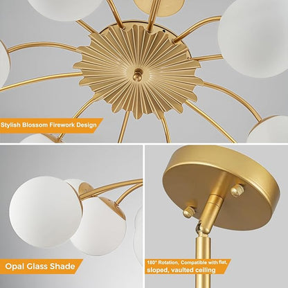 Longree 12-Light Gold and White Sputnik Chandeliers with Blossom Accent Opal Glass Bubble Pendant Light Fixture Mid Century Milk Glass Starburst Lighting for Dining Hallway Living