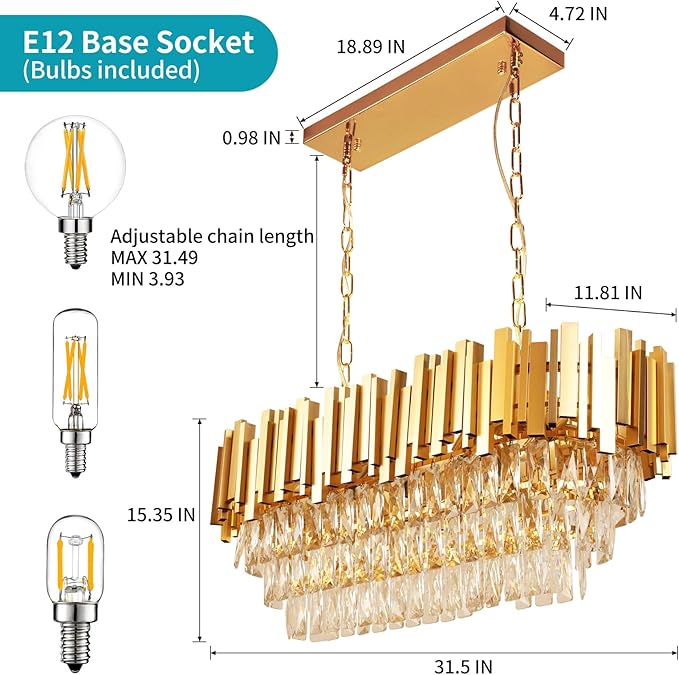 Depuley 31" Crystal Rectangle Chandelier: 3-Tier Gold Glass Crystal Chandelier Island Light Fixtures for Dining Room - 8-Light Linear Pendant Light for Kitchen Island Included Bulbs