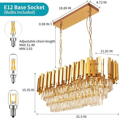Depuley 31" Crystal Rectangle Chandelier: 3-Tier Gold Glass Crystal Chandelier Island Light Fixtures for Dining Room - 8-Light Linear Pendant Light for Kitchen Island Included Bulbs