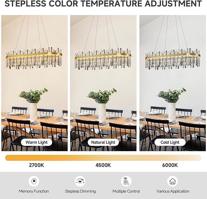 Gold Led Modern Crystal Chandelier: 39.3" Rectangle Linear 3 Color Dimmable Chandeliers for Dining Room Over Table-Luxury Rectangular Contemporary Oval Light Fixture for Living Room Bedroom Foyer