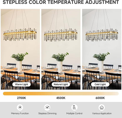 Gold Led Modern Crystal Chandelier: 39.3" Rectangle Linear 3 Color Dimmable Chandeliers for Dining Room Over Table-Luxury Rectangular Contemporary Oval Light Fixture for Living Room Bedroom Foyer