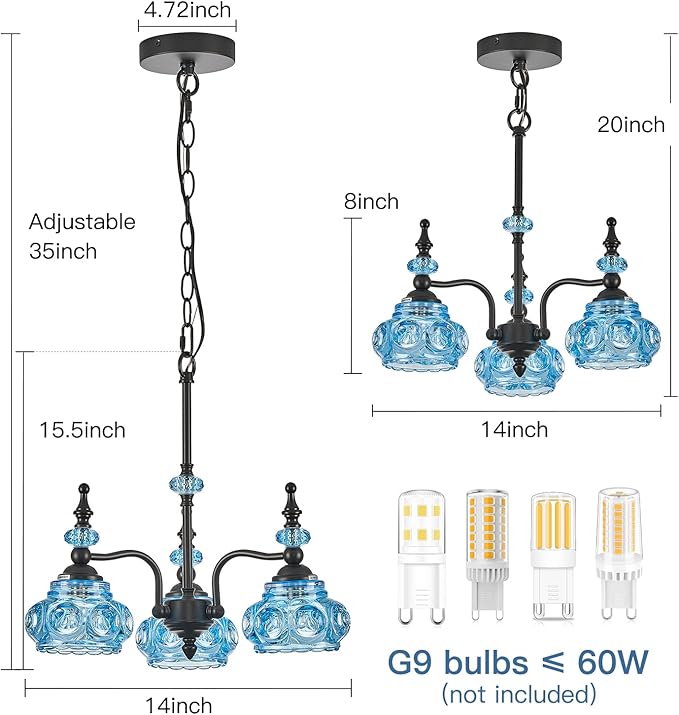 Blue 3-Light Pendant Light Fixtures Black Lights Victorian Vintage Celing Pendant Fixtures for Kitchen Island Bedroom Restrant