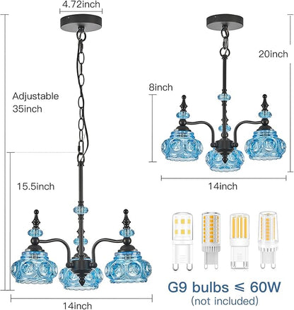 Blue 3-Light Pendant Light Fixtures Black Lights Victorian Vintage Celing Pendant Fixtures for Kitchen Island Bedroom Restrant