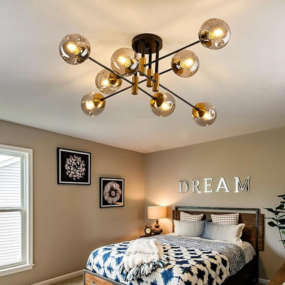 8 Light Glass Globe Ceiling Light Black and Gold Mid Century Flush Mount Sputnik Light Fixture Bubble Chandelier Living Room Farmhouse for Dining Room Kitchen Bedroom.