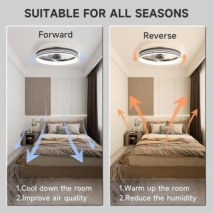 VOLISUN Low Profile Ceiling Fans with Lights and Remote, 19.7in Flush Mount Ceiling Fan with Light, 3000K-6500K Dimmable Fandelier LED Fan Light, Black Bladeless Ceiling Fans with Lights for Bedroom