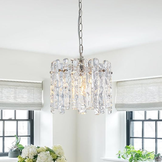 11" Handmade Ice Melt Glass Pendant Lights Kitchen Island Brushed Nickel Crystal Chandelier Modern Hanging Pendant Light Fixtures for Dining Room Foyer Entryway Living Room Bedroom Bar Cafe Restaurant