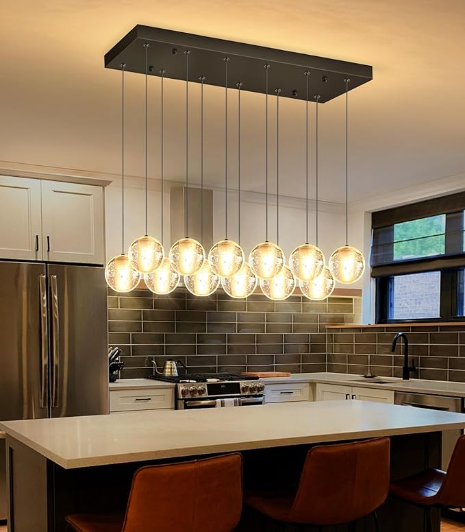 HAIXIANG Rectangular Chandelier with LED Light Bulbs Bubble Crystal Glam Chandeliers for Dining Room High Ceiling Pendant Lighting Fixtures Interior Living Room Lighting Black
