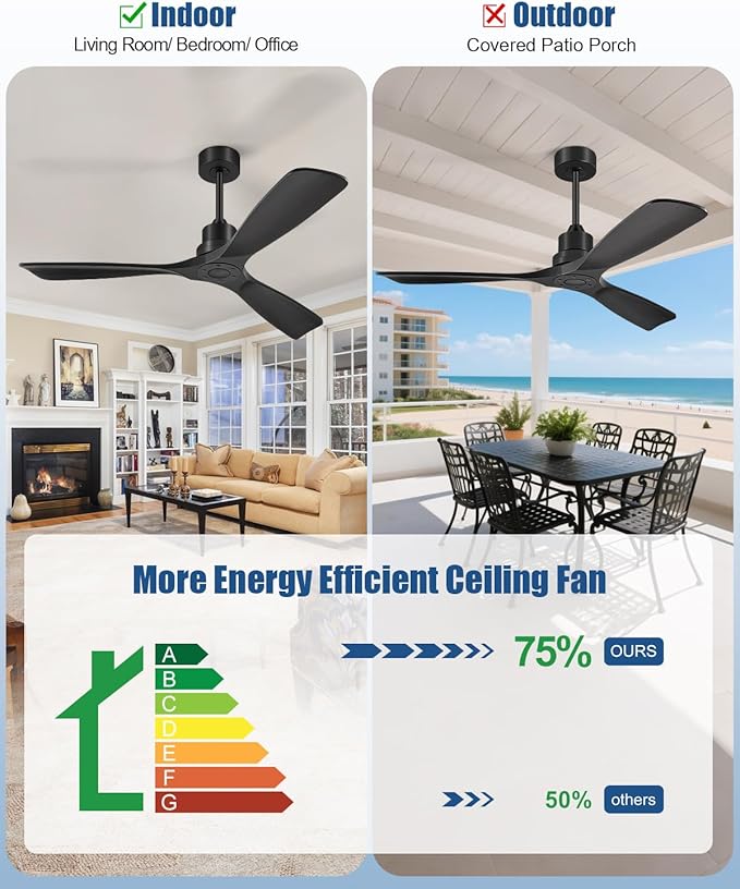 Ceiling Fans With Remote Control, Outdoor Ceiling Fan for Patios Indoor, 3 Downrods, 3 Blades, Timer, 6 Speed Reversible Quiet DC Motor Modern Fan Solid Wood Fan,52in, Matte Black
