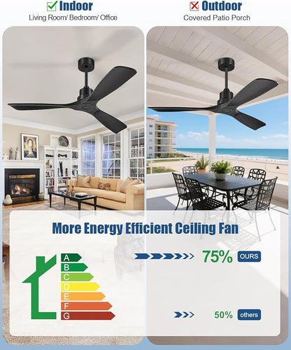 Ceiling Fans With Remote Control, Outdoor Ceiling Fan for Patios Indoor, 3 Downrods, 3 Blades, Timer, 6 Speed Reversible Quiet DC Motor Modern Fan Solid Wood Fan,52in, Matte Black