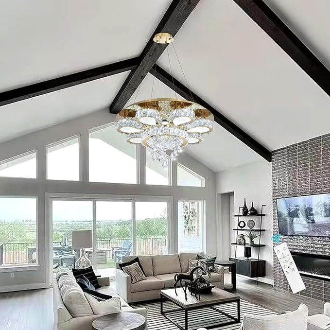 HAIXIANG Glam Crystal Chandelier for Living Room Dining Room Chandeliers Light Fixtures LED Remote Dimmbale Lighting for Dining Room Bedroom Living Room Gold 40W LEDs Lights