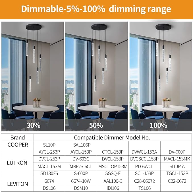 Modern Light Fixture Kitchen Island Pendant Light Dimmable LED Black Pendant Lights Mini Crystal Pendant Lighting for Bedroom Dining Room Living Room（5-Light ）
