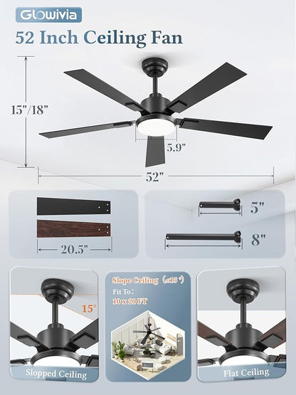 52 Inch Ceiling Fans with Lights and Remote&APP Control, Black Smart Ceiling Fan with 3000-6000K Dimmable, 6 Speeds Quiet Reversible Motor, Indoor/Outdoor Ceiling Fan for Bedroom Living Room