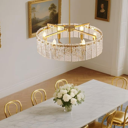 23.62" Gold Water Ripple Glass Chandeliers, 6-Light Modern Round Chandelier, Luxury Drum Chandelier Lighting Fixtures for Living Room Dining Room Kitchen Bedroom Foyer Hotel