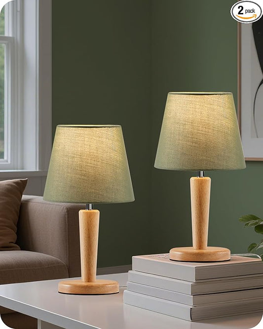 12" Wood Bedside Table Lamps Set of 2, Small Desk Lamps for Small Places, 3 Color Temperatures with Memory, Green Linen Shade & E26 Bulbs, for Bedroom Living Room Office MJ13TLP205