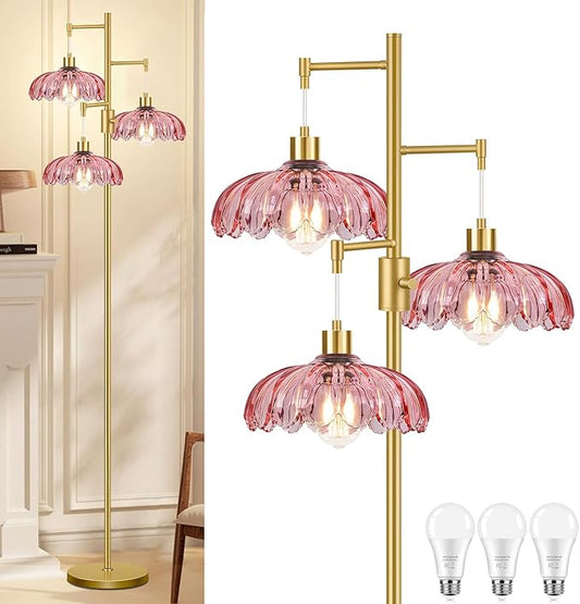 ZECOXOL Gold Floor Lamps for Living Room-3 Light Dimmable Floor Lamp with Three Bulbs & Glass Lampshape, Mid Century Modern Standing Lamp Tree Tall Flower Floor Lamp for Bedroom Living Room,Corner