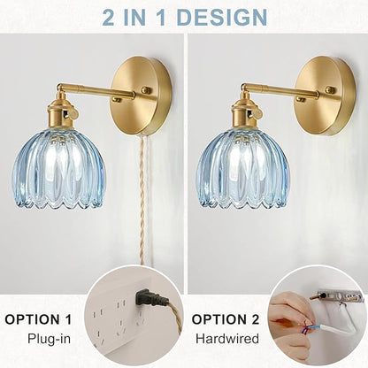 Plug in Wall Sconces Set of 2, Vintage Wall Sconce Light with Tulip Denim Blue Glass Lampshade, Bedroom Wall Sconce with Switch and Plug in wall lamp Cord, Gold Wall Light Wall Decor Set of 2