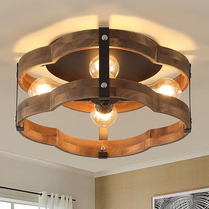 4-Light Rustic Farmhouse Wood Flush Mount Ceiling Light Fixture 14.17 inch Oak Wood and Metal Cloud Cage Semi Flush Mount Ceiling Light for Hallway Hall Entry Bedroom Farmhouse Indoor, Black