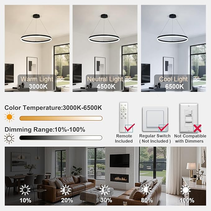 Modern LED Chandelier Black High Ceiling Ring Chandeliers with Remote Control Circular Pendant Light Dimmable for Dining Room Living Room Bedroom Hallway Kitchen Island(3000K-6500K D23.6)