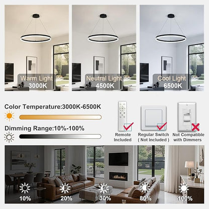Modern LED Chandelier Black High Ceiling Ring Chandeliers with Remote Control Circular Pendant Light Dimmable for Dining Room Living Room Bedroom Hallway Kitchen Island(3000K-6500K D23.6)