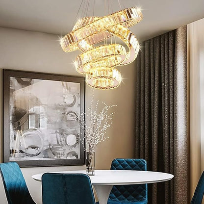 4 Rings LED Chandelier for Dining Room, Modern Crystal Chandelier Pendant Light High Ceiling Chandeliers for Bedroom Living Room Dining Room Warm White