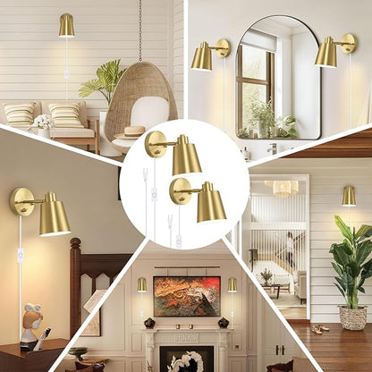 Lomoky Dimmable Wall Sconces Plug in, Adjustable Angle Wall Lamps with Plug in Cord and Dimmer On/Off Knob Switch, Gold Wall Light with Metal Shade for Bedroom Bedside Doorway (2 Bulbs Included)
