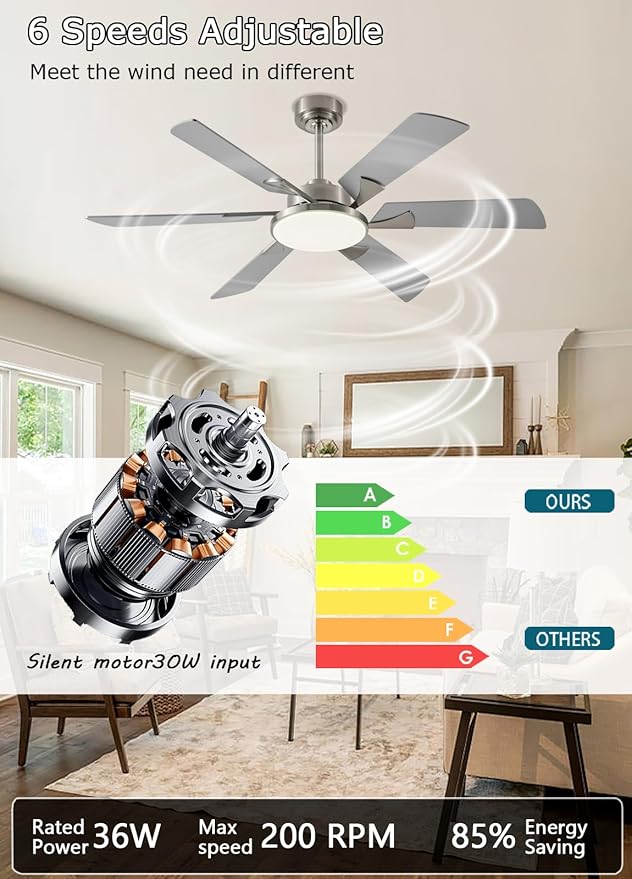 JSAITEE 52 Inch Low Profile Ceiling Fan with Light, Remote & App Control, 3CCT Dimmable,6 Speed 6 Blades Ceiling Fans, Quiet Reversible DC Motor, Modern Nickel Ceiling Fan for Bedroom Living Room