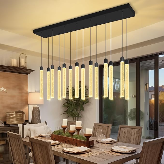 Modern Rectangular Crystal Chandelier for Dining Room LED Dimmable Pendant Light Kitchen Island Entrance Foyer Living Room Adjustable Height 14-Lights Black