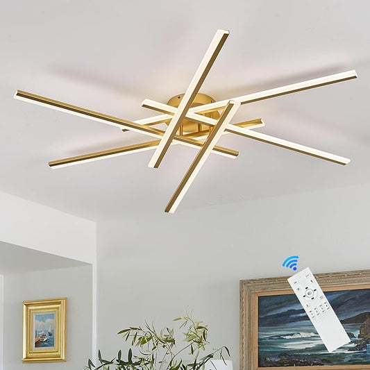 Gold Semi-Flush Mount Ceiling Light Modern 6-Lights LED Chandelier 44'' Remote Control Ceiling Lighting Fixtures for Living Room Bedroom Kitchen Foyer