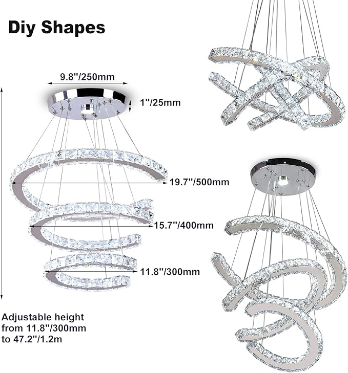 Finktonglan Modern Crystal Chandeliers 3C Rings Led Pendant Lamp Adjustable Stainless Steel Ceiling Lighting Fixture for Living Room Dining Room Bedroom Cool White