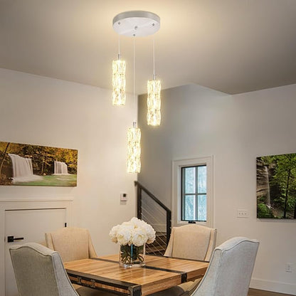 ykolupty Pendant Lights Kitchen Island 3-Lights Silver Crystal Chandelier for Dining Room Hallway Stairwell,LED Dimmable 2700K-6000K
