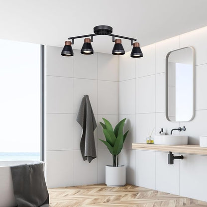 4 Light Modern Track Lighting Kit Black and Faux Wood Finish, Flexibly Adjustable Arm with Multi-Directional Ceiling Spotlight for Kitchen, Bedroom, Living Room,Ding Room Gu10 Not Included