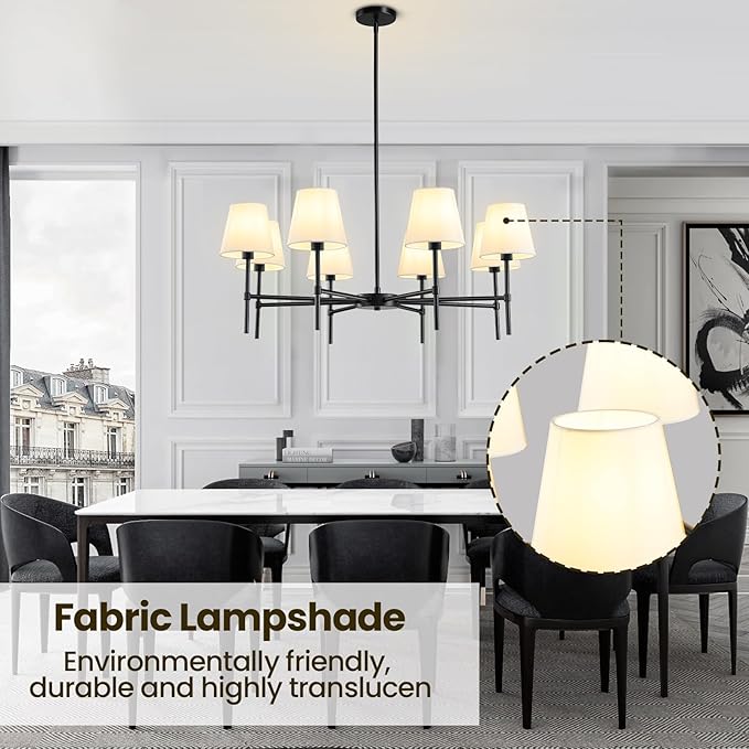 RUIYEY Dining Room Chandeliers Light - 35.8" Modern Black Chandelier, 8-Light Metal Farmhouse Dining Room Light Fixture, E26 Hanging Pendent Lighting for Kitchen, Living Room, Foyer, Entrance
