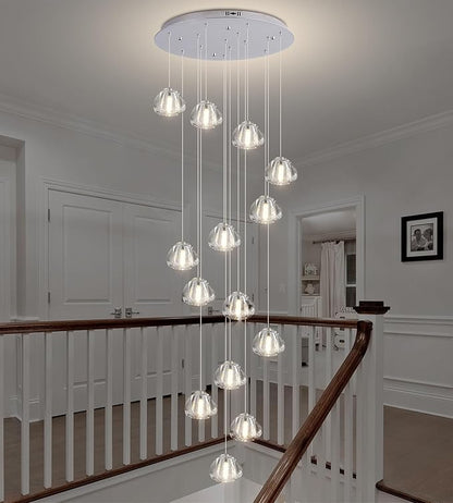 Modern Crystal Chandelier 14-Lights High Ceiling Raindrop Chandelier Lighting Fixture, Large LED Round Indoor Lighting Fixture Chrome for Foyer Staircase Living Room