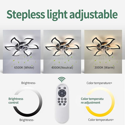 Yfrest Modern Ceiling Fan with Light and Remote, Low Profile Ceiling Fans with Lights, 32 Inch Black Flush Mount Ceiling Fan with 3 Light Color 6 Speeds, Fandelier Ceiling Fans for Kitchen Bedroom