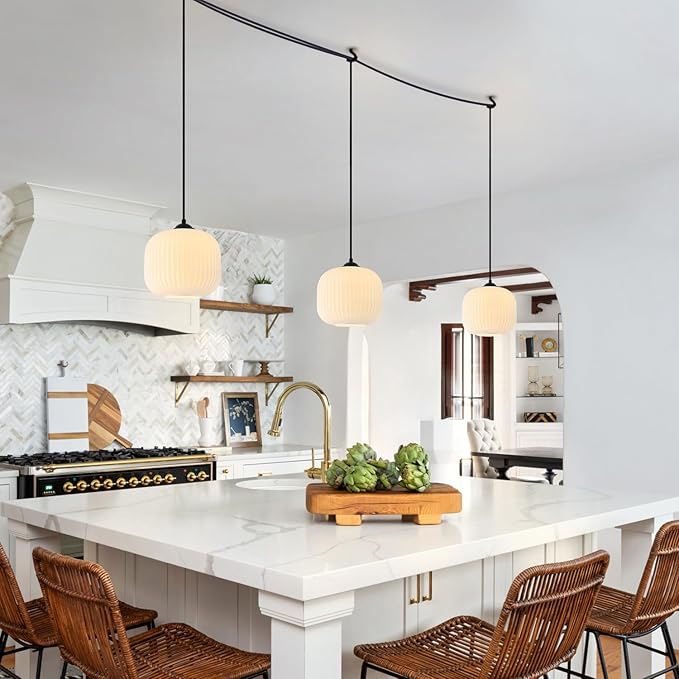 Milk Glass Hanging Pendant Light Plug in Farmhouse Black Pendant Lights Kitchen Island Lighting Frosted Glass Hanging Lamp Bedroom Plug in Ceiling Light
