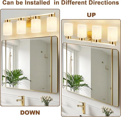 4-Light Bathroom Light Fixtures, Modern Vanity Lights, Gold Metal Wall Lamp with White Marble Glass for Bathroom, Mirror, Living Room, Bedroom, Cabinet, Porch, Hallway, E26 Base