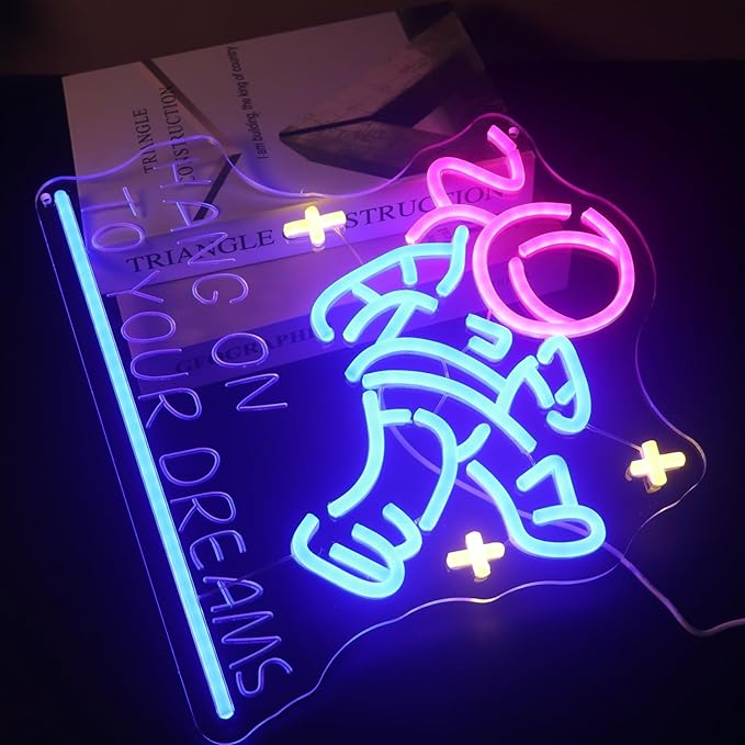 "Hang on to Your Dreams" Tired Astronaut Neon Light - Motivational Space Themed LED Wall Art, Dimmable USB Night Light with Hanging Kit, Inspiring Study Bedroom Decor Gift for Students & Dreamers