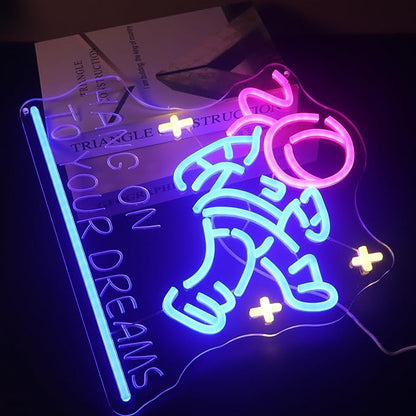 "Hang on to Your Dreams" Tired Astronaut Neon Light - Motivational Space Themed LED Wall Art, Dimmable USB Night Light with Hanging Kit, Inspiring Study Bedroom Decor Gift for Students & Dreamers