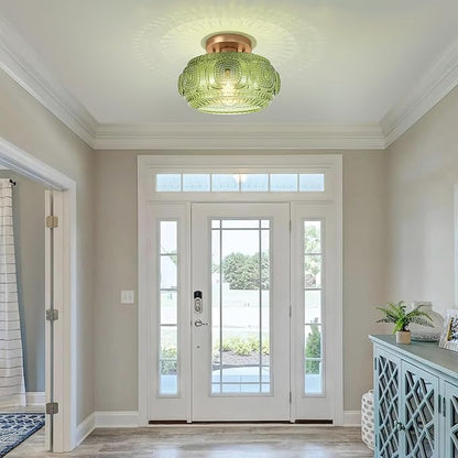 Semi Flush Mount Ceiling Light, Upgraded Larger Green Glass Ceiling Light Fixture, Vintage Lighting for Hallway Kitchen Bedroom Dining Room, Bulb Not Included