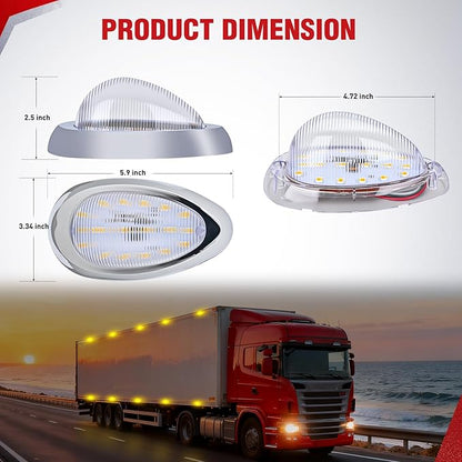 Nilight 2PCS 6 Inch Amber Teardrop Oval Side Marker Lights with Turn Signal 18 LED Clear Lens Chrome Housing IP67 Waterproof Universal Surface Mount Lamp for Freightliner Trucks Trailers Sleeper Cab