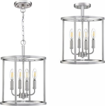 4 Light Hanging Lantern Pendant Light Fixture Geometric Chandelier,Brushed Nickel Finish Adjustable Chain Metal Cage Pendant Lighting for Kitchen Island Dining Room Foyer