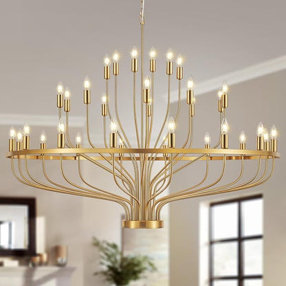51.2" Modern Large Gold Chandelier Vintage 32-Lights Mid Century Modern Candle Style Chandeliers Light Fixture Vintage Rustic Golden Chandelier for Dining Room, Kitchen, Living Room, E12