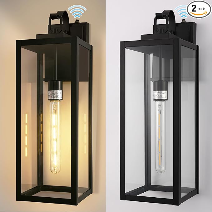 DORESshop 20 Inch Large Size Dusk to Dawn Outdoor Wall Lights, Matte Black Waterproof Anti-Rust Outdoor Light Fixtures Wall Mount with Clear Glass Shade for Porch, with T30 Light Bulbs, 2 Pack