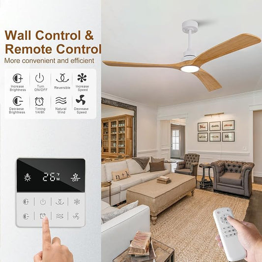 Ceiling Fan with Light 60 inch,Remote Control,Wall Switch,Solid Wood Blades,Dimmable,Reversible Quiet DC Motor,Power Off Memory Modern White Ceiling Fan for Bedroom Patio Indoor/Outdoor Use