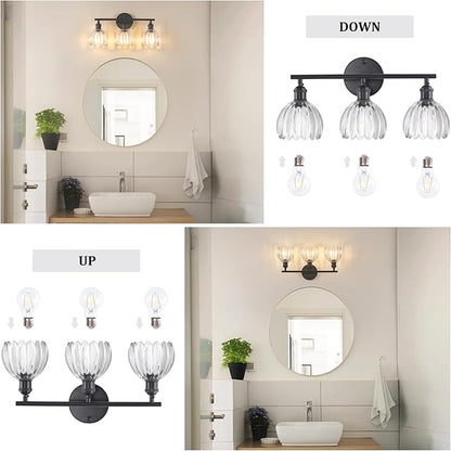 Shenmoyl Bathroom Light Fixtures, 3-Light Black Vanity wall Light Over Mirror with Clear Tulip Glass Shade for Bedroom Living Room (Bulb Not Included)
