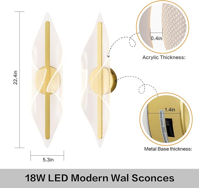 Gold Wall Sconce Modern Wall Lighting LED Dimmable Wall Lamp for Living Room Hallway Bathroom Bedroom 22.4In
