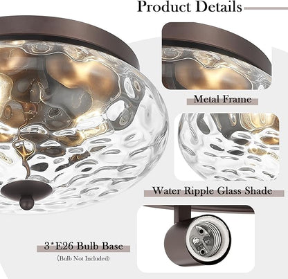 Darkaway Large Ceiling Light Fixtures, 3-Light Flush Mount Ceiling Light with Water Ripple Glass Shade for Indoor Outdoor Hallway Kitchen Bedroom Porch Living Room Oil-Rubbed Bronze Finish